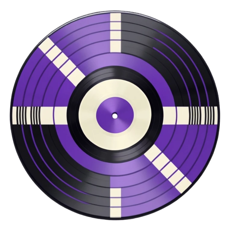 black pixel art vinyl record with a purple and white striped middle label, pixel art, as if you were looking at it from an angle sticker