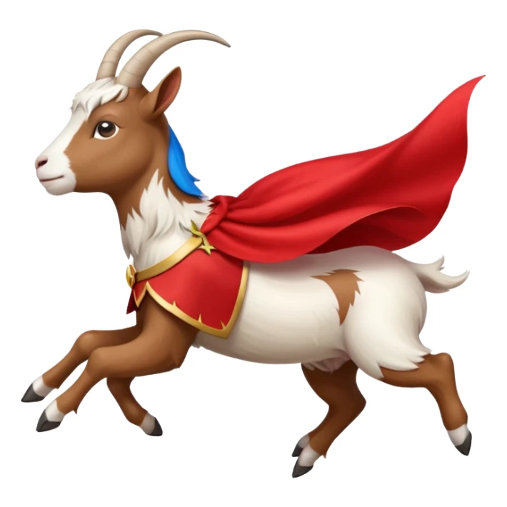 side view of white female goat wearing a read cape like superman sticker
