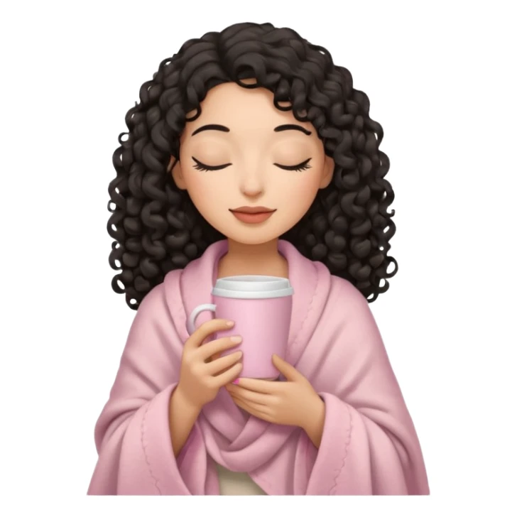 hispanic woman, black long 3b curls, closed eyes, feminine face, holding soft pink coffee cup with beige blanket over shoulders sticker