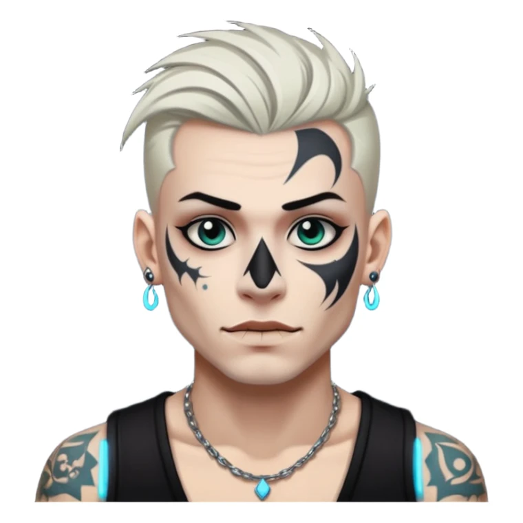 white skin Rock-style man — piercings, glowing tattoos on face sticker