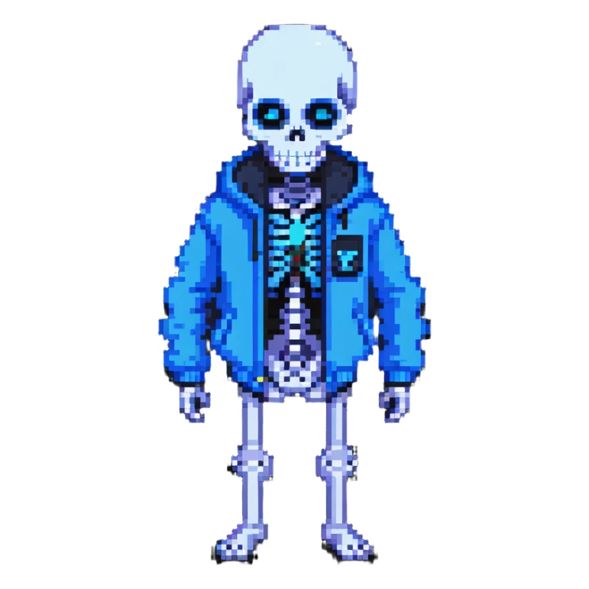 Sans skeleton character from Undertale with blue jacket and glowing blue eye sticker