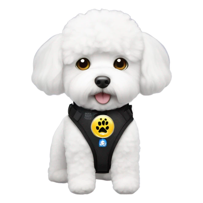Bichon with a service dog harness with a medical alert badge  sticker
