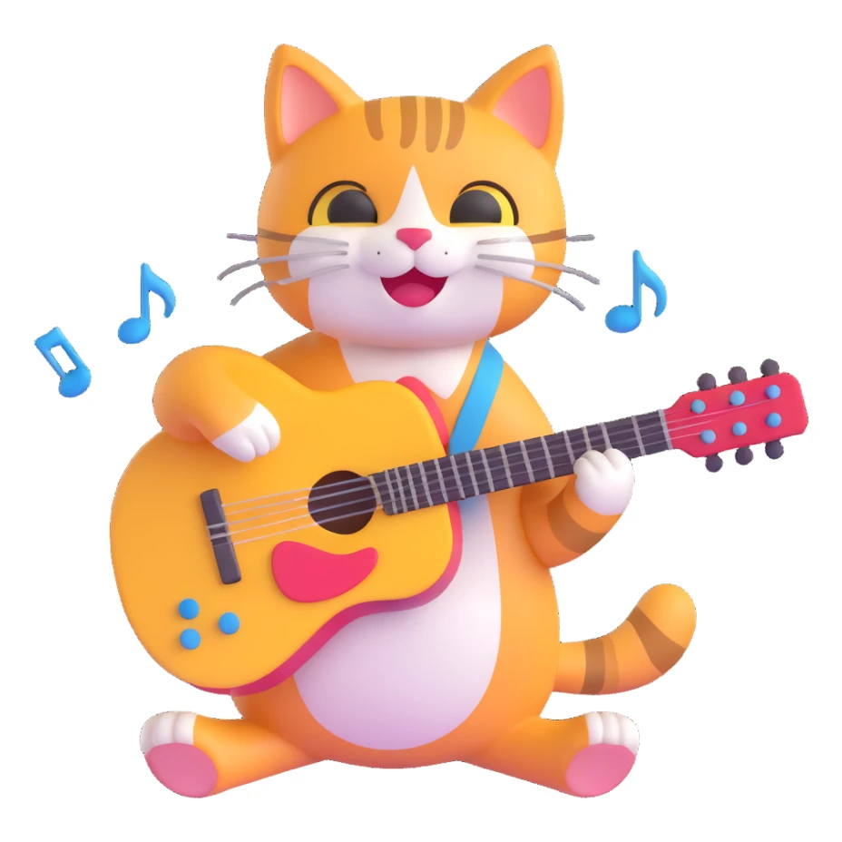 happy musician cat playing a guitar with musical notes sticker