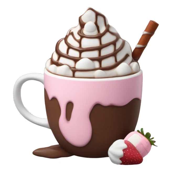 hot chocolate with mug and whip cream and chocolate drizzle and pale pink strawberry and marshmellows sticker
