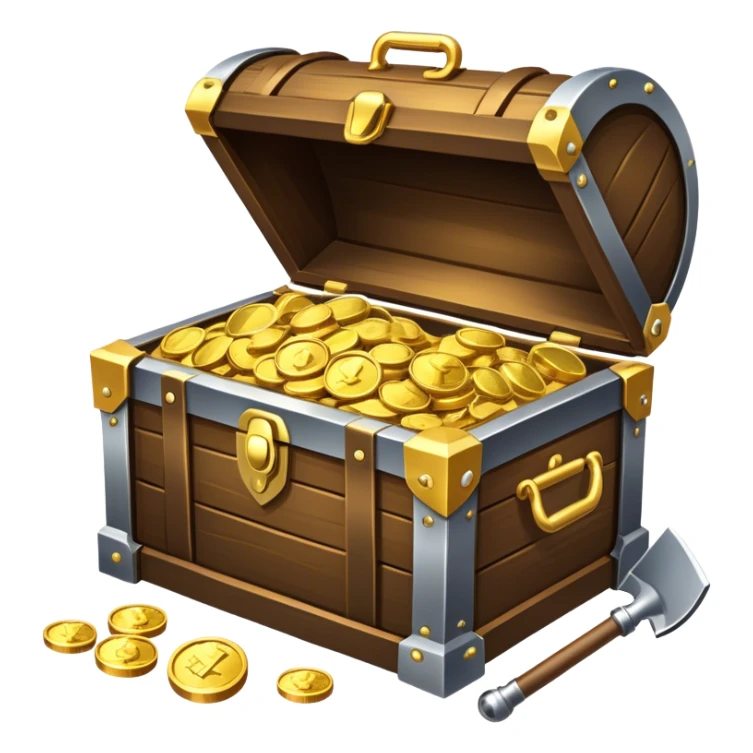 An icon featuring a treasure chest partially open, revealing gold coins and jewels. A metal detector and a shovel are nearby, symbolizing the excitement of treasure hunting. The design evokes adventure, exploration, and the thrill of discovering hidden treasures. transparent background. sticker