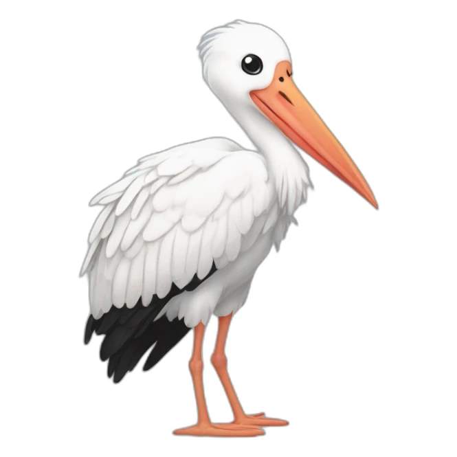  A big white stork carrying a bundle of cloth in its beak that has a cute white skinned baby face peeking out from it with black head sticker