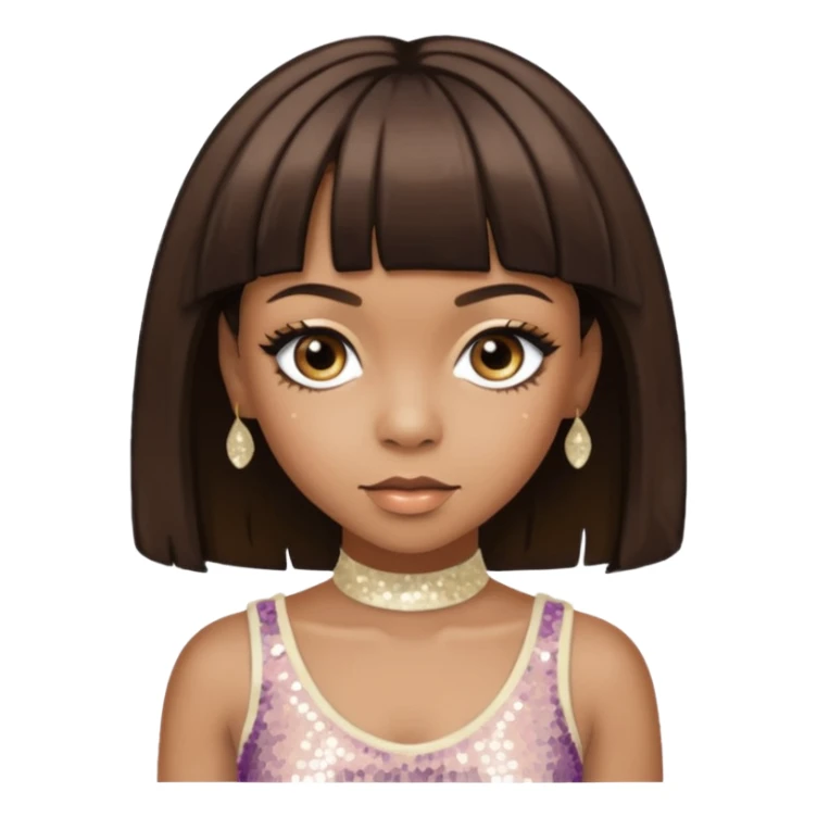 Left Eye from TLC with medium dark brown hair, ivory sequin outfit sticker