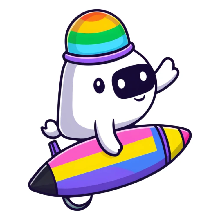 A cheerful rainbow crayon character waving while riding a silver UFO with glowing lights sticker