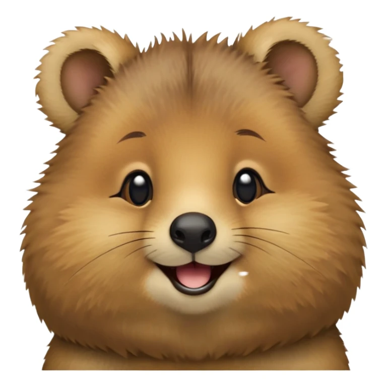 cinematic-realistic quokka-emoji,-small-round-frame, head tilted in an endearing manner, comical smile, round cheeks, giant-fluffy-cheeks-large-smile-fluffy-brown-fur-radiating-a-warm-softness,-big-round-eyes-filled-with-joy, realistic round  fluffy zoomed in, large black eyes sticker
