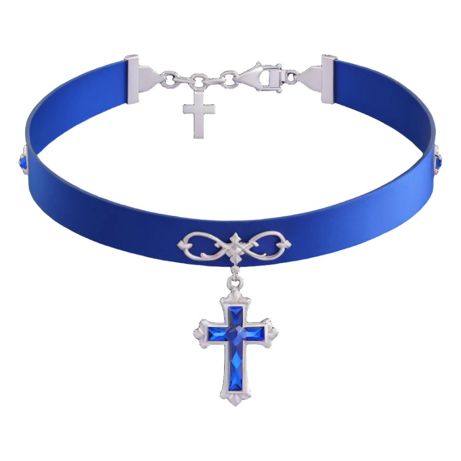 gothic choker with sapphire blue satin band, silver cross pendant, blue gemstone centerpiece, elegant and gothic sticker
