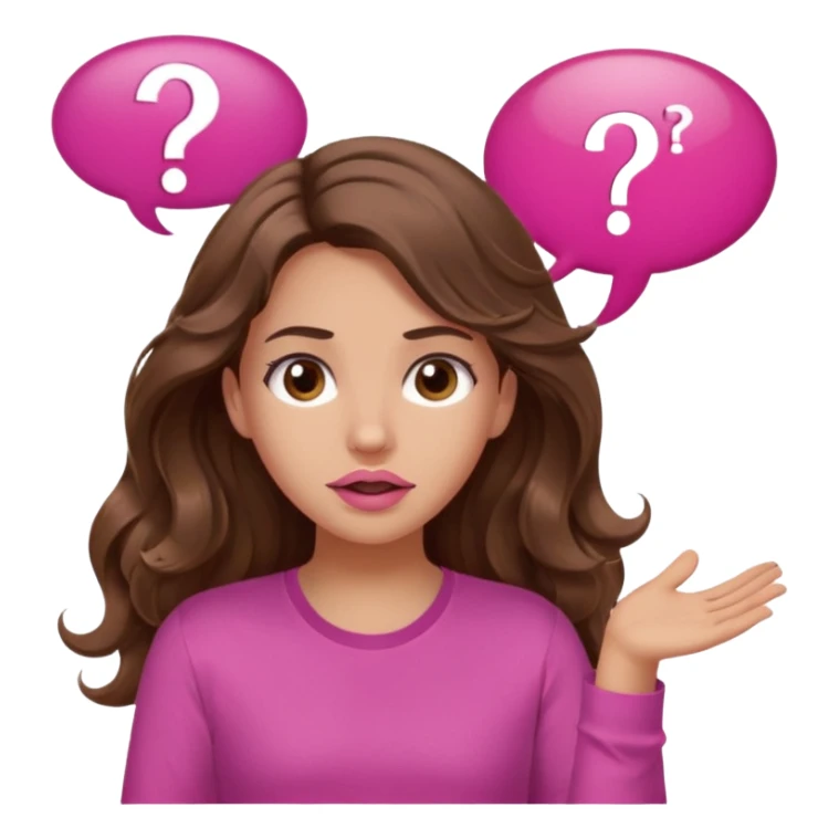 girl with long wavy brown hair, brown eyes, light to medium complexion, in a pink shirt, pink lips, long lashes, shugging, question mark one speech bubble sticker