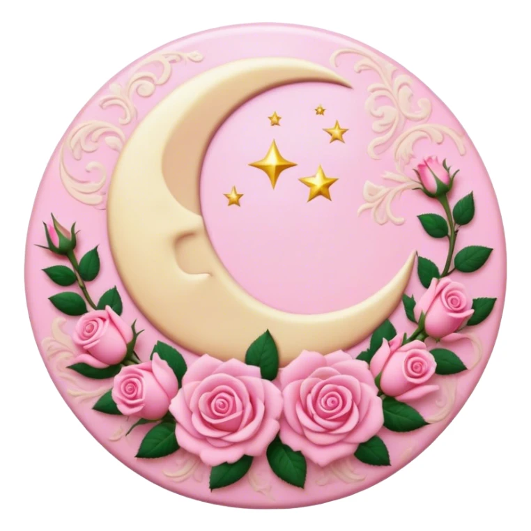 A round pink button with a cream colored crescent damask moon and pink roses in the center sticker