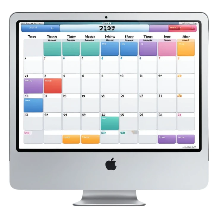 front-facing iMac showing a day schedule with vertical hours and horizontal client slots, several slots filled with color to indicate bookings sticker