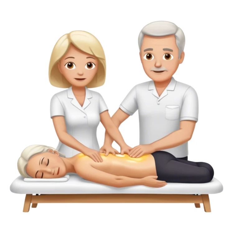 60-year-old white man massaging 60-year-old woman on massage table using oil sticker