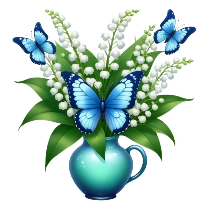 Aesthetic butterfly with blue light and navy wings sitting on a dark green bouquet of lily of the valley in a pastel blue vase sticker