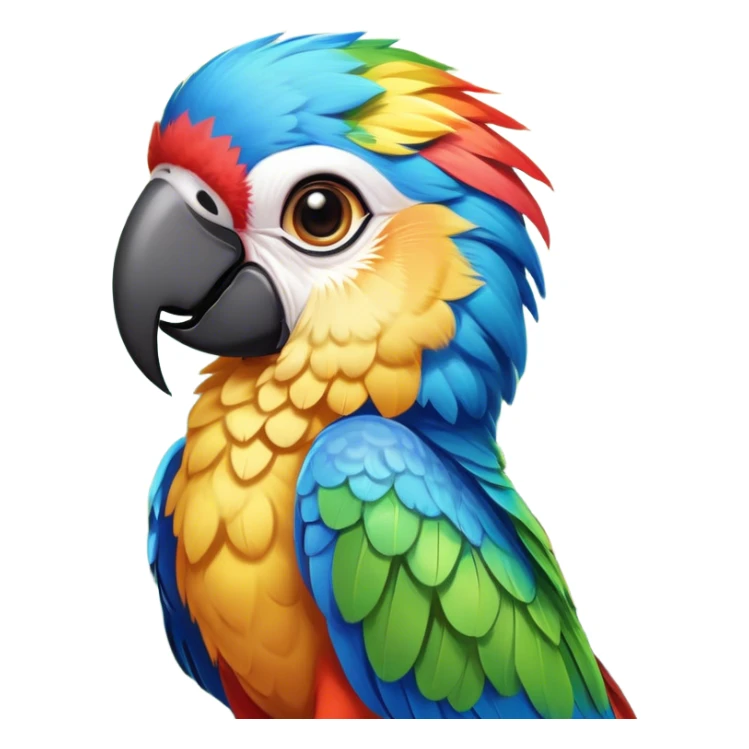 Cinematic Cute Macaw Portrait Emoji, Head tilted playfully and inquisitively, with a dazzling array of colorful plumage and round, sparkling eyes filled with charm, Simplified yet irresistibly adorable features, highly detailed, glowing with a warm, friendly tropical glow, high shine, affectionate and lively, stylized with a touch of whimsical vibrancy, bright and endearing, soft glowing outline, capturing the essence of a mischievous yet loving parrot that seems as if it could flutter out of the screen into your arms! sticker