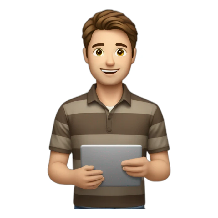man with brown hair, striped shirt while holding laptop in front sticker