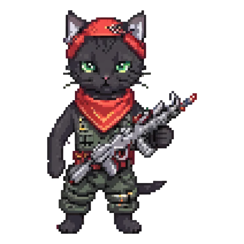 a little black cat with two machineguns and a red bandana, he's just blasting!
 sticker
