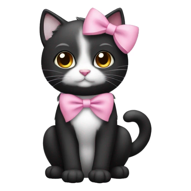 Black cat with white chest fur and a pink bow sticker