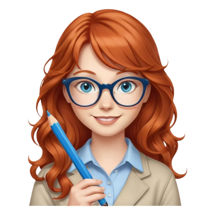 redheaded woman with very long wavy hair and bangs, blue eyes, clear cat-eye glasses, casual chic outfit, holding a pencil, smiling sticker