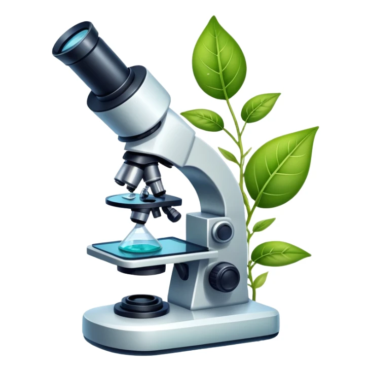 An icon featuring a microscope, a DNA strand, and plant leaves, symbolizing biology. The design includes cells, a test tube with a plant sample, representing life sciences, ecosystems, and the study of organisms. Transparent background highlights the exploration of living systems. sticker