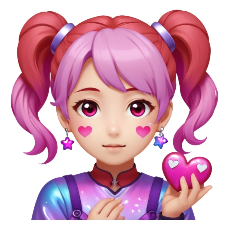 Face: Rosy terracotta skin (#E3B68E), star-pupiled eyes sparkling with 6-point white glints. Hair: Twin ponytails dyed gradient pink→purple, holographic hair charms shaped like hearts. Extra: Speech bubble exploding with "KYAAAA!" in red katakana, hands squeezing cheeks. sticker