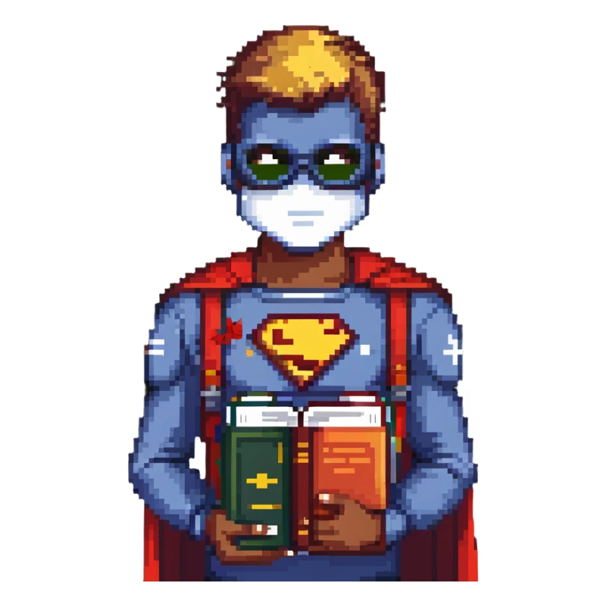 student with superhero mask and books sticker