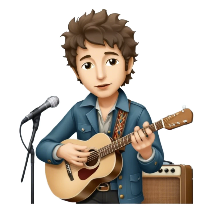 Icon for Folk Music: Bob Dylan with his harmonica and acoustic guitar, performing with his band on stage. The atmosphere should be intimate and nostalgic, capturing the soul of folk music with simple instruments and natural vibes. Transparent background. sticker