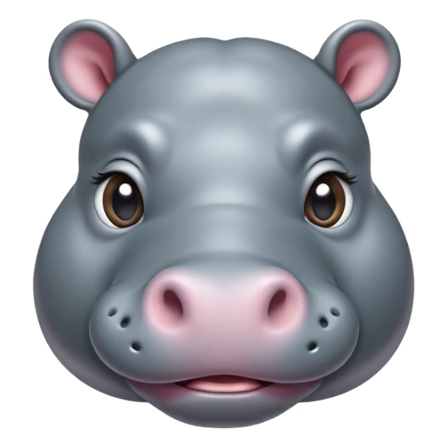 Cinematic Cute Hippo Portrait Emoji, Head tilted playfully and inquisitively, featuring a glossy slate-gray hide with a gentle sheen and round, sparkling eyes filled with curious charm, Simplified yet irresistibly adorable features, highly detailed, glowing with a warm, friendly glow, high shine, affectionate and serene, stylized with a touch of aquatic whimsy, bright and endearing, soft glowing outline, capturing the essence of a mischievous yet loving hippo, so playful it feels like it could splash out of the screen and into your arms! sticker