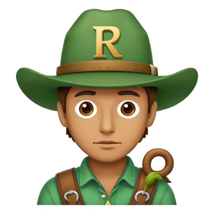 Cowboy wearing a green hat with letter R sticker