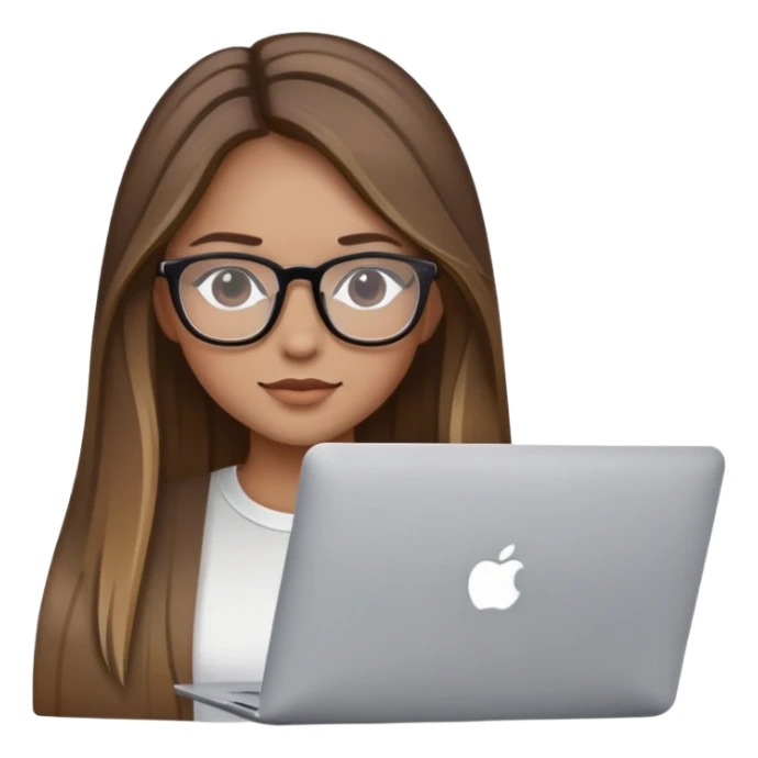 brown balayage straight long hair girl with MacBook with glasses sticker