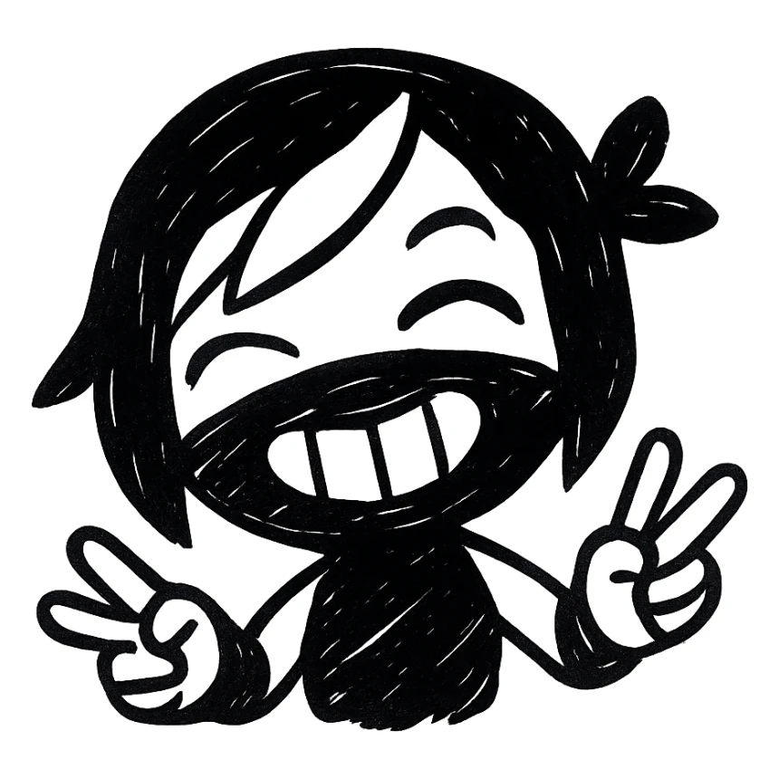 Make the expression even more weird-cute on a sexy chibi ninja girl with black short hair and a blonde streak, only head and arms, making a peace sign, bold black outlines, transparent background, no mask, eyes closed with a big toothy grin, sized for Twitch emoji use. sticker