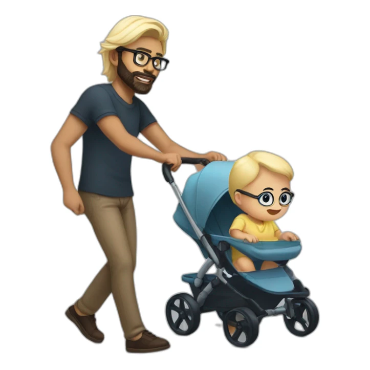Black haired man with beard and glasses pushing buggy with blonde baby sticker