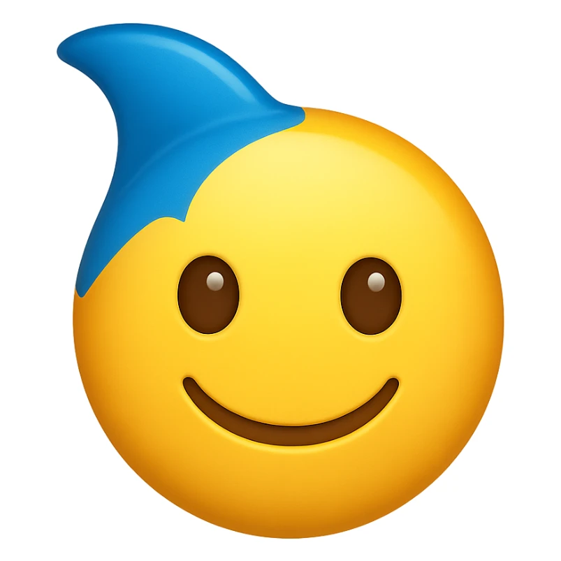 yellow face with blue dolphin fin, digital illustration, emoji style, no background sticker