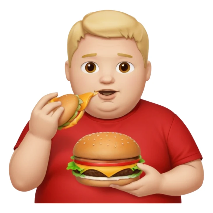 fat boy eating burger wearing red T-shirt sticker