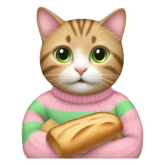 Cat wearing pink and green stripe sweater and eating bread sticker