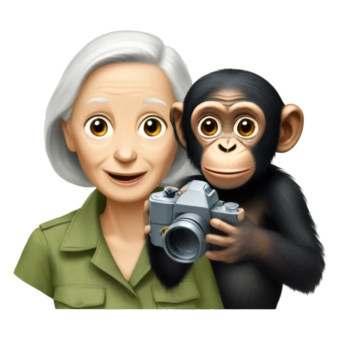 Jane Goodall with binoculars and a baby chimpanzee sticker