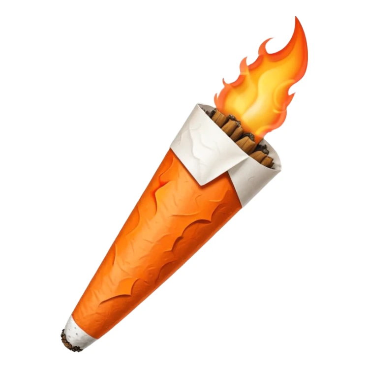 cartoon-like cigarette cone-shaped like a joint with a burning orange-red ember at the tip, realistic paper and ash texture, simplified and clean, bold outlines, emoji style sticker