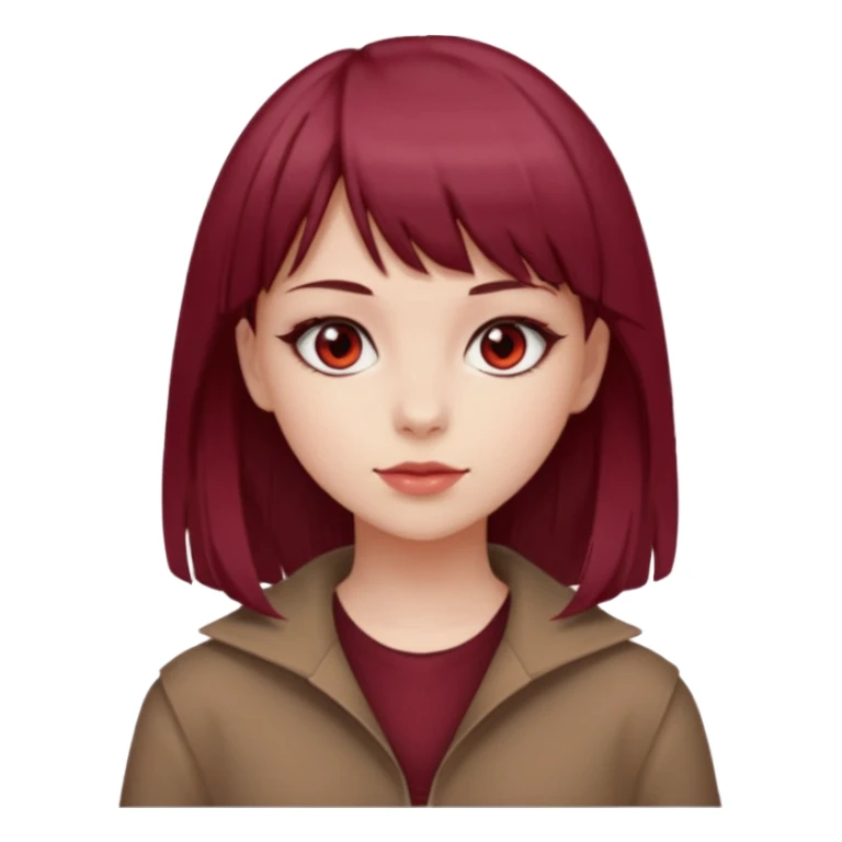beautiful girl with maroon medium hair, straight bangs and red bando, red eyes and brown clothes sticker