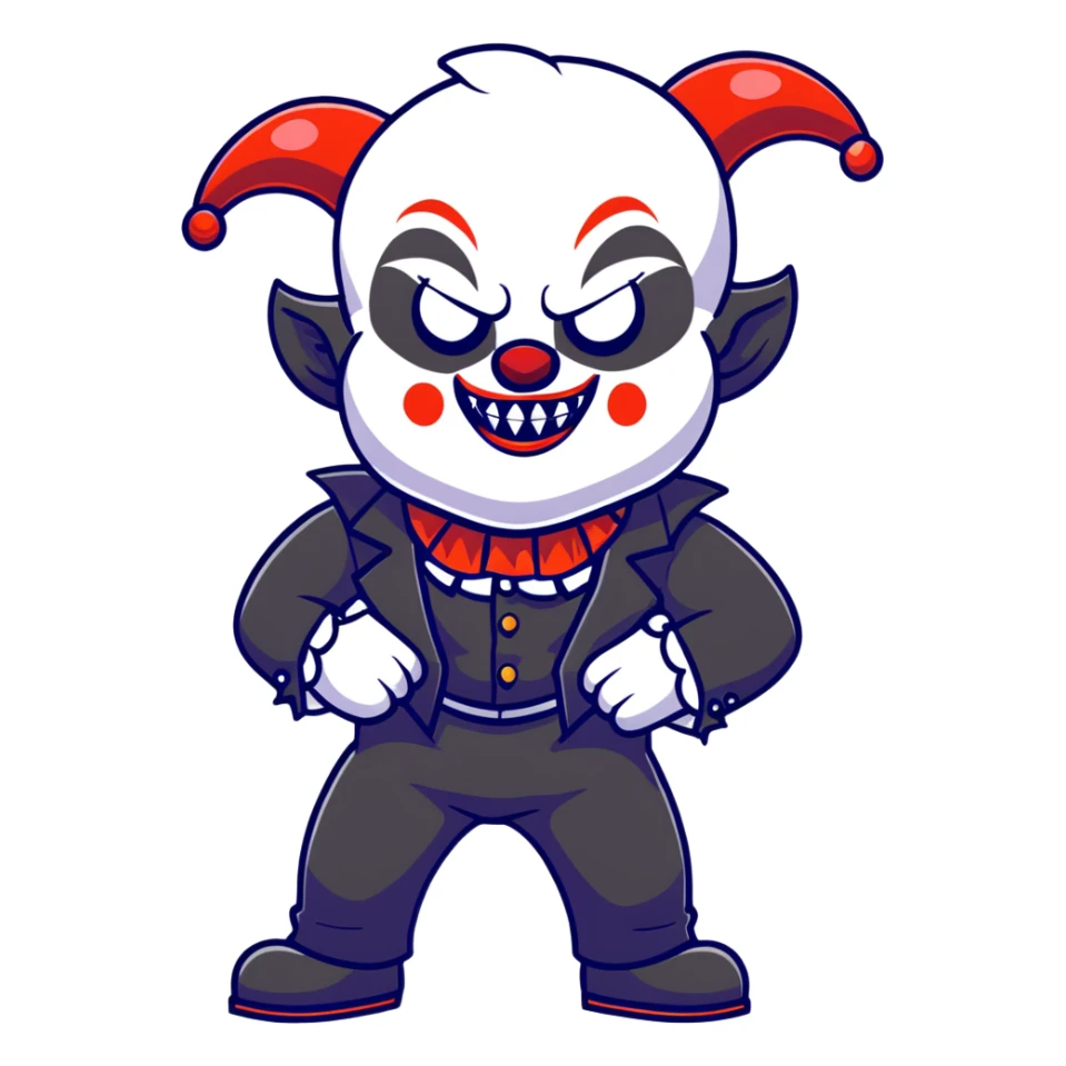 full-body muscular demonic clown in black and white leisure suit with bellbottom pants, bald, black ram horns, flashy black and white belt, ruffled white shirt, no neck tie, large fangs, cartoon sticker style sticker