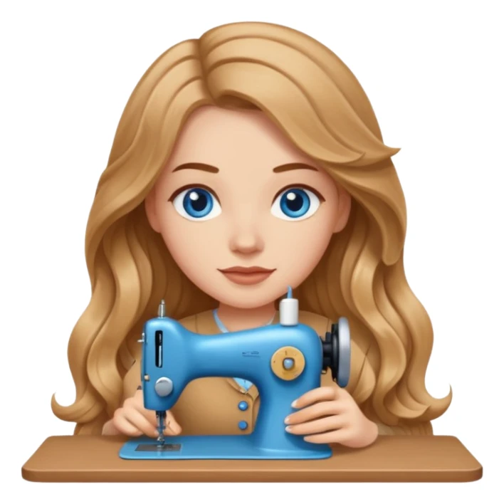 White Girl with light brown wavy long hair and blue eyes sewing sticker