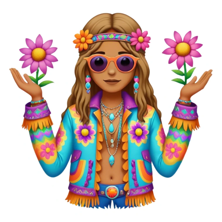 3D, psychedelic colored hippie wearing hip huggers and a fringed jacket with flower border sticker