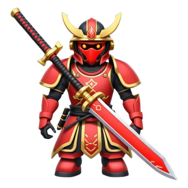 samurai themed space miner tool icon, futuristic mining tool inspired by katana, Japanese armor details, red black gold color palette, glowing energy accents, 3D cartoon, mobile game icon style, clean background, soft shadow, no text, no watermark

 sticker