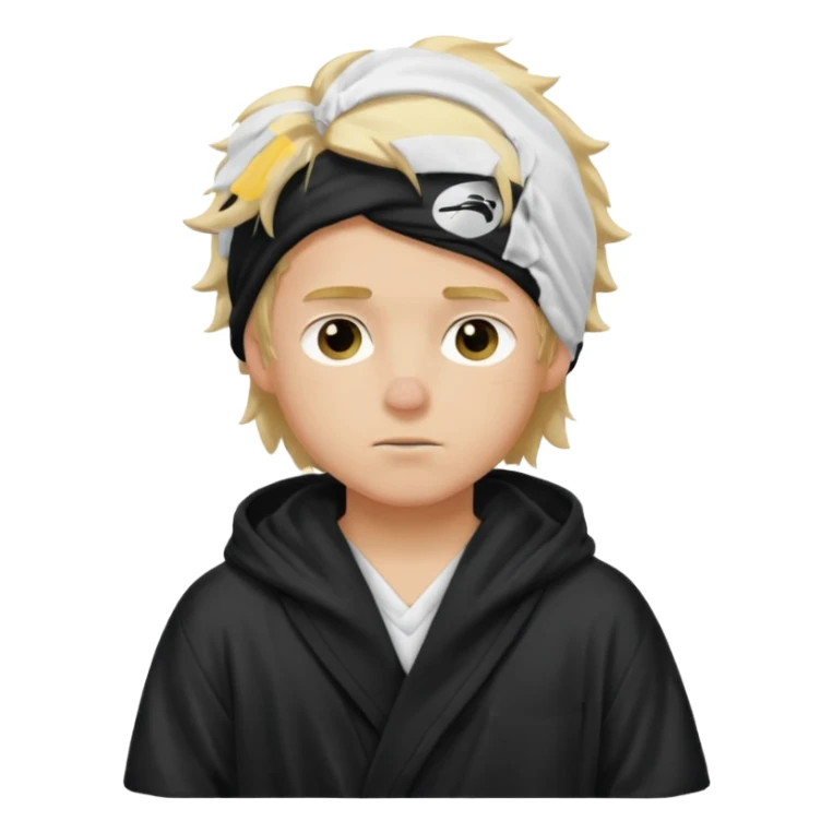 Create a blond boy with long, messy hair, light eyes, a white t-shirt, rich, with long hair, blue eyes, medium-length, voluminous hair, wearing a black Nike bathrobe and a little blush near his nose. and with a  balaclava, but showing her hair. sticker