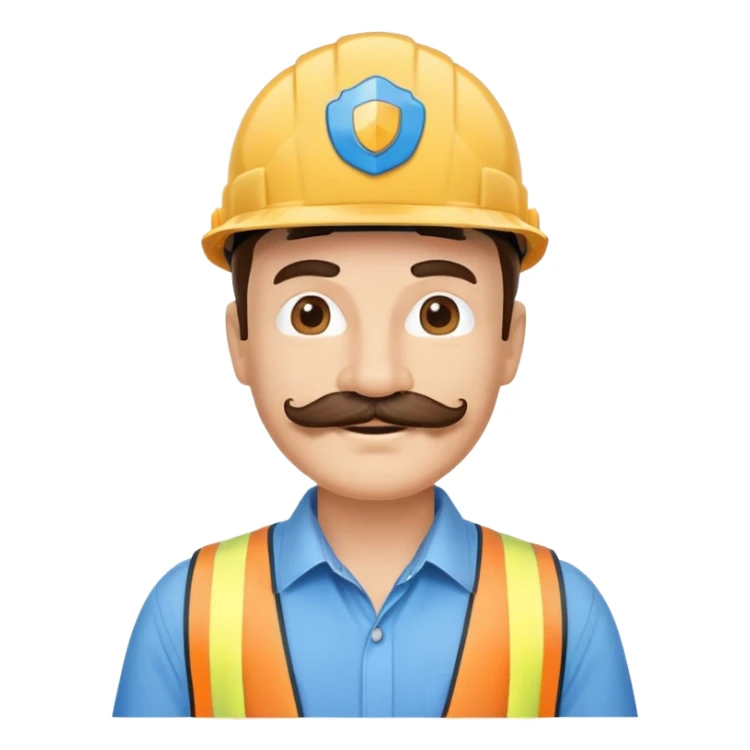 Business owner, well dressed, blue shirt, mustache, construction protection hat, happy sticker