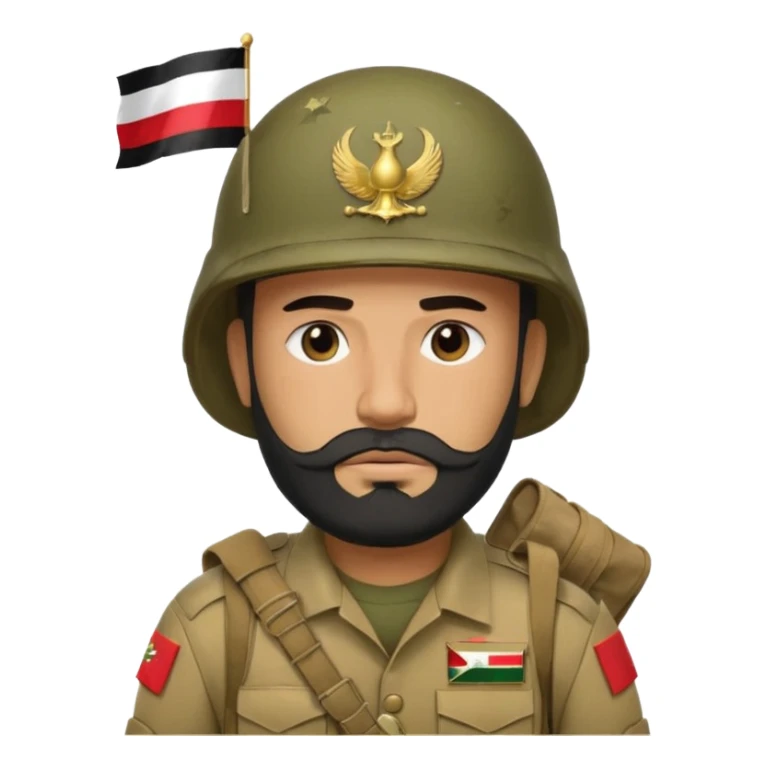 A tired, swarthy Iraqi soldier with a beard, an Iraqi flag on his helmet, a sad expression and bags under his eyes sticker