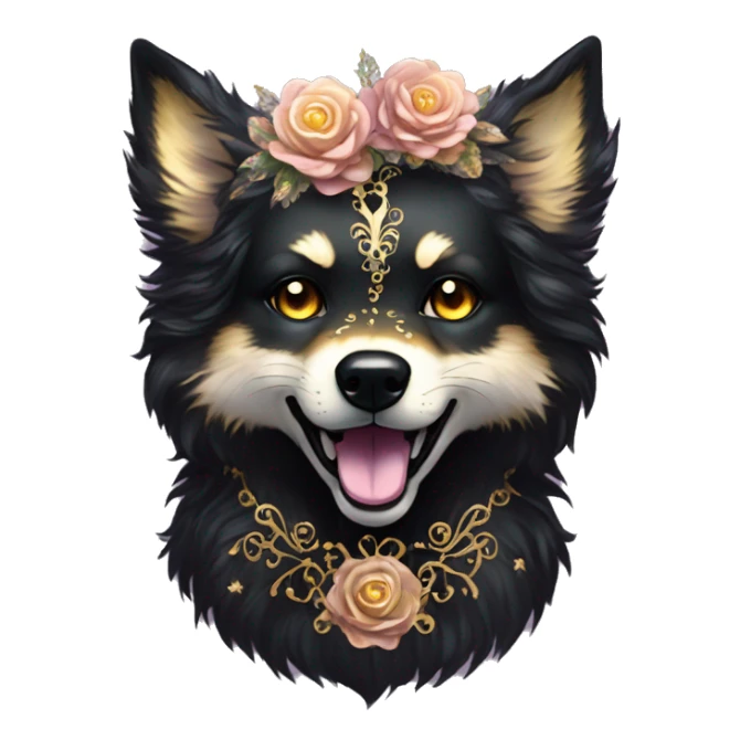 Black iridescent fluffy dog fox head zombie skeleton gold mechanical nebula galaxy stars flowers fairy lights vintage sticker