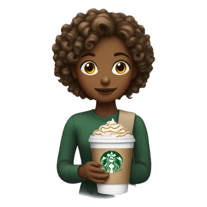 Girl with curly hair holding a Starbucks coffee sticker