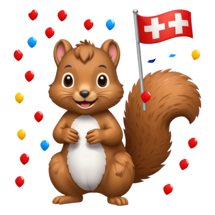squirrel with Swiss flag, confetti raining down, emoji style sticker