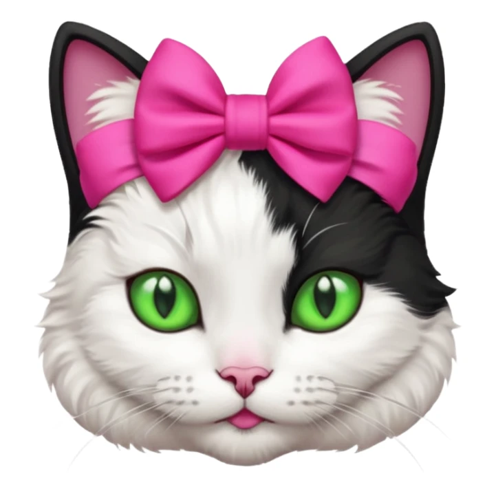 A black and white cat with green eyes she has a hot pink bow on her head  sticker